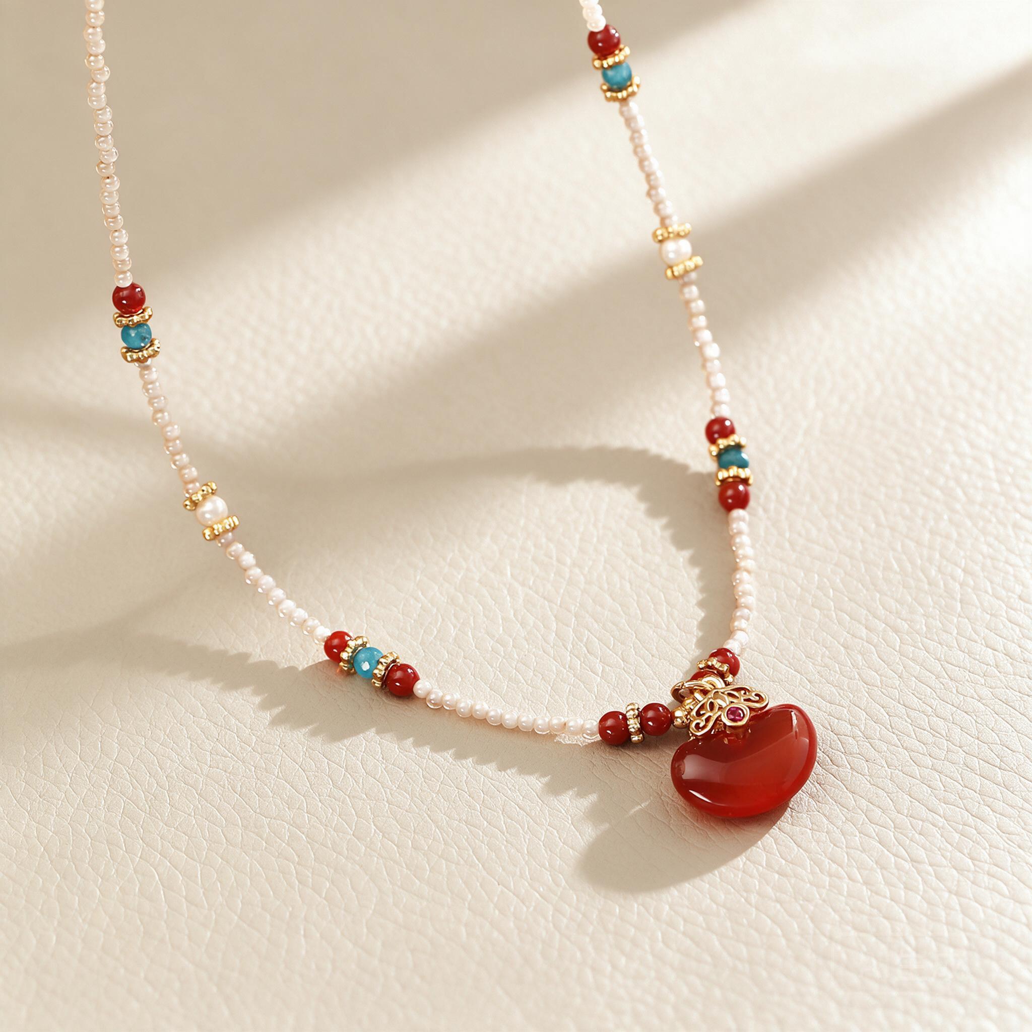 Pearl Choker Necklace Vintage - Yeni Çin Tarzı, Doğal Kırmızı Ahat