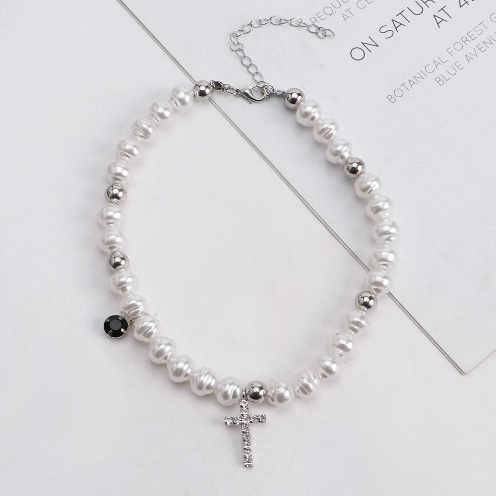 Pearl Choker Necklace Vintage - Vintage kolye kristal çapraz moda boyun