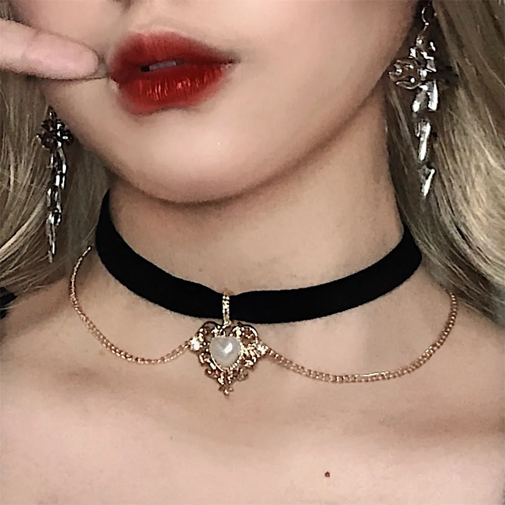 Pearl Choker Necklace Vintage - Vintage kadife zincir gerdanlık kolye gotik