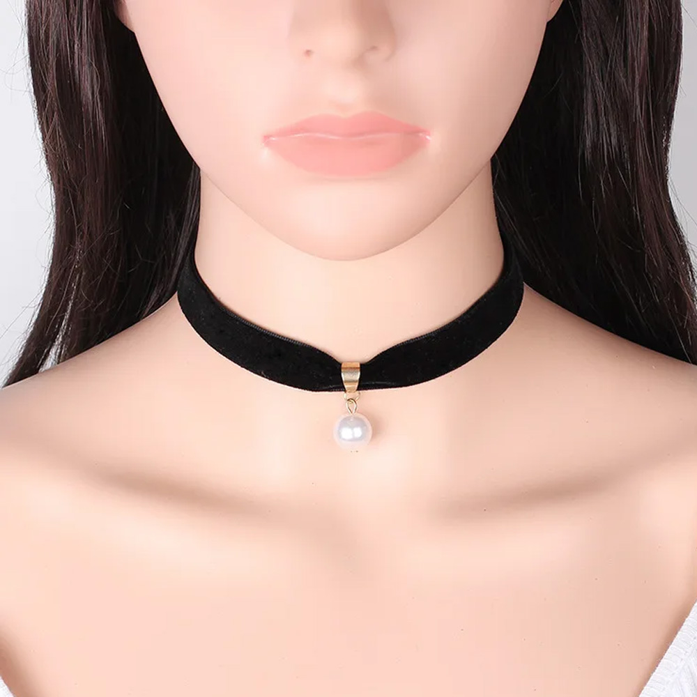 Pearl Choker Necklace Vintage - Basit Vintage İnci Gerdanlık Kısa Siyah