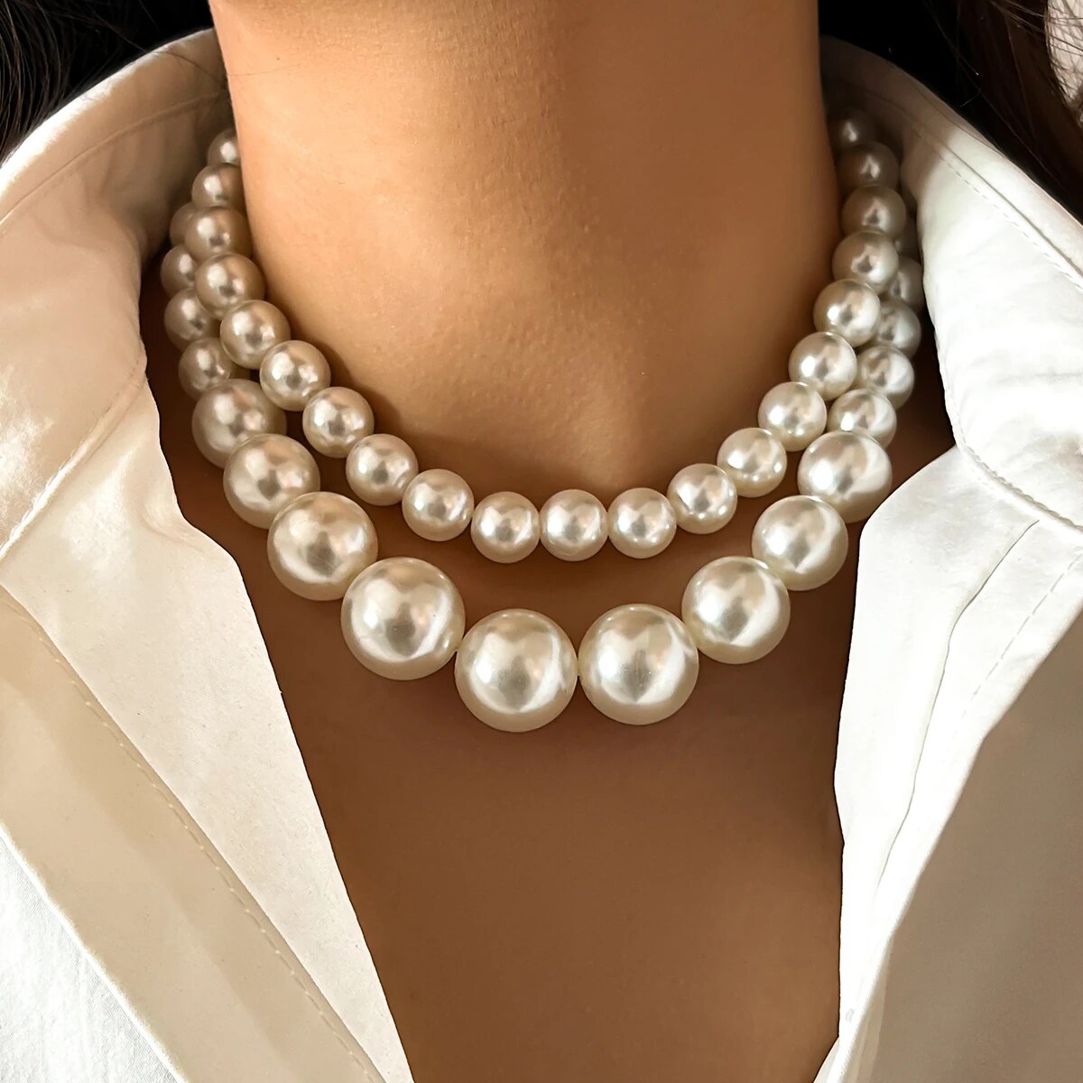 Pearl Choker Necklace Vintage - 2 adet/takım abartılı büyük taklit inci