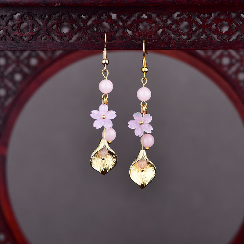 Earrings - Pembe Doğal Yeşim Çiçek Küpe Kadınlar