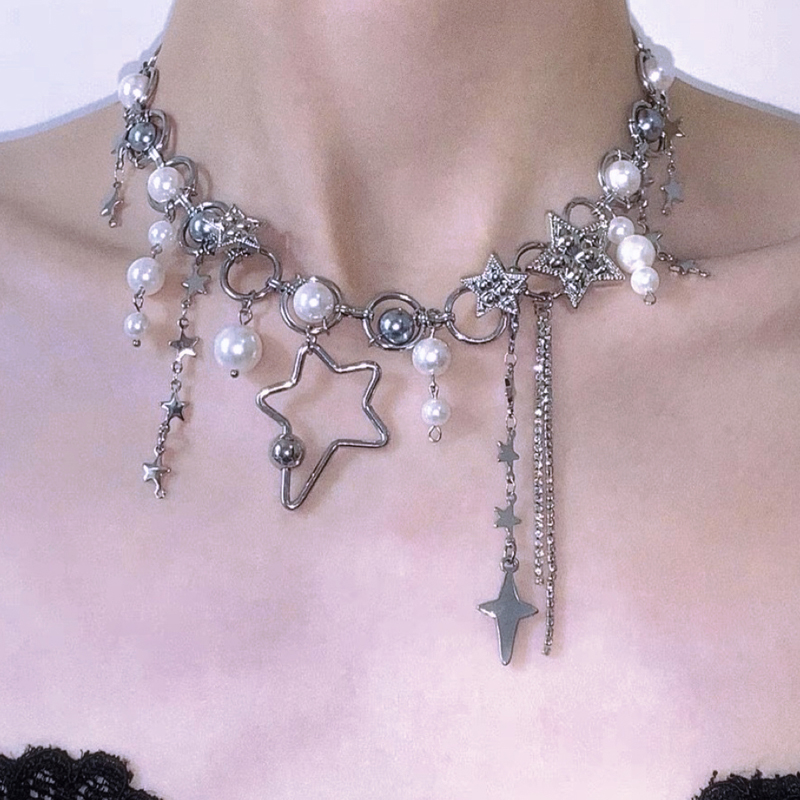 Pearl Choker Necklace Vintage - Y2K takı inci ekleme yıldız zincirler